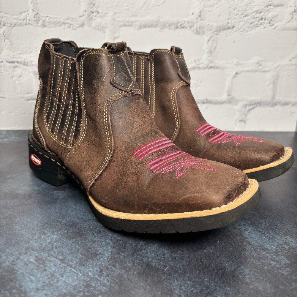 Campero Cowgirl Western Chelsea Boots Brown Leather Pink Stitching Sz 39, US 8.5
